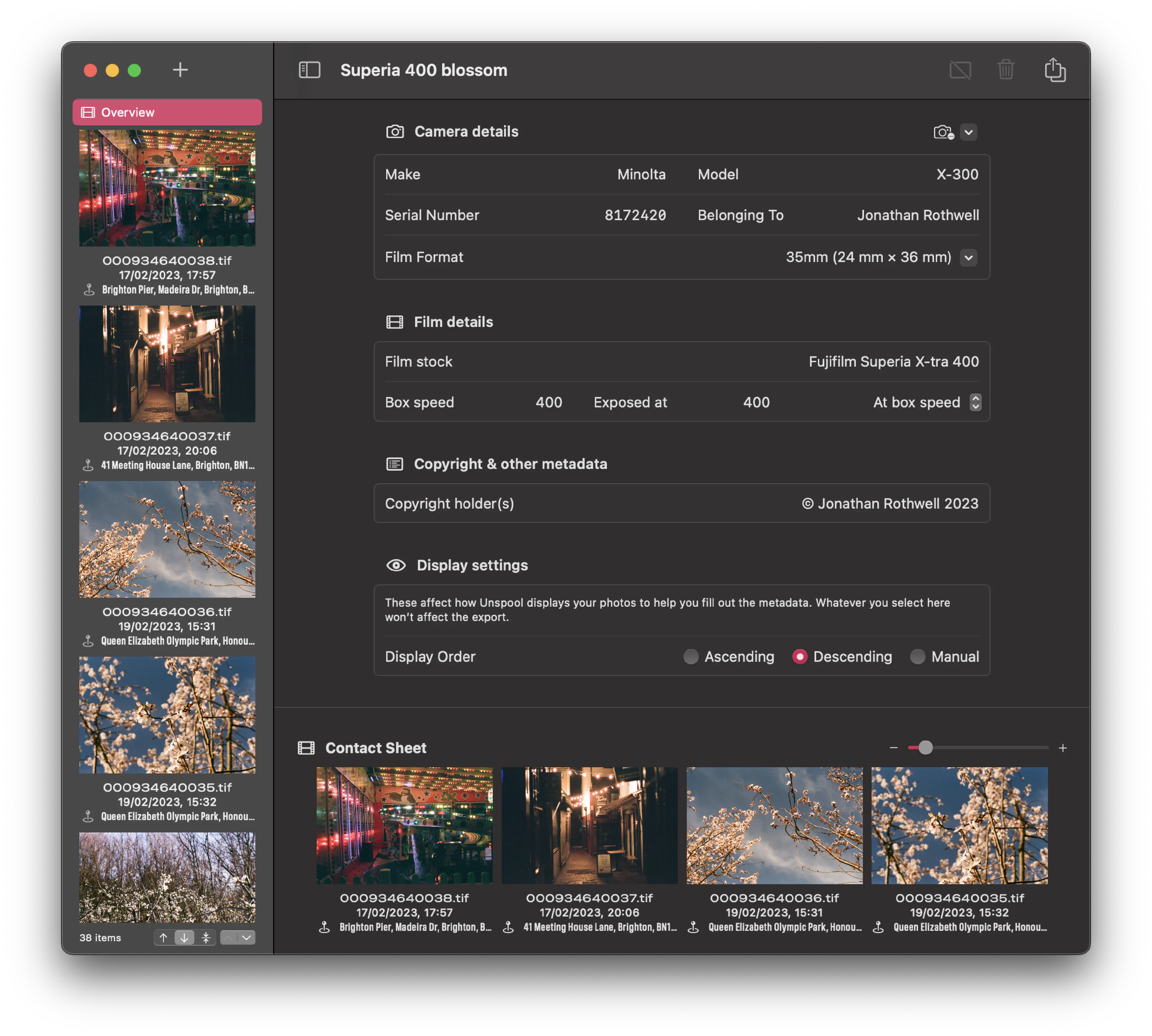A screenshot of a Mac app called “Unspool”, showing a two-pane sidebar-detail layout in a document called “Superia 400 blossom”. In the sidebar are images, with their filenames, and dates and locations, along with an “Overview” option, and controls for sorting the images (which are of a fairground ride in Brighton, a street at night, and trees in blossom.) The Overview option is selected in the sidebar. On the right is a form with details about the camera (a Minolta X-300 belonging to Jonathan Rothwell) and also the film (35mm Fujifilm Superia X-tra 400, shot at ISO 400/box speed) and with the copyright assigned to Jonathan Rothwell.