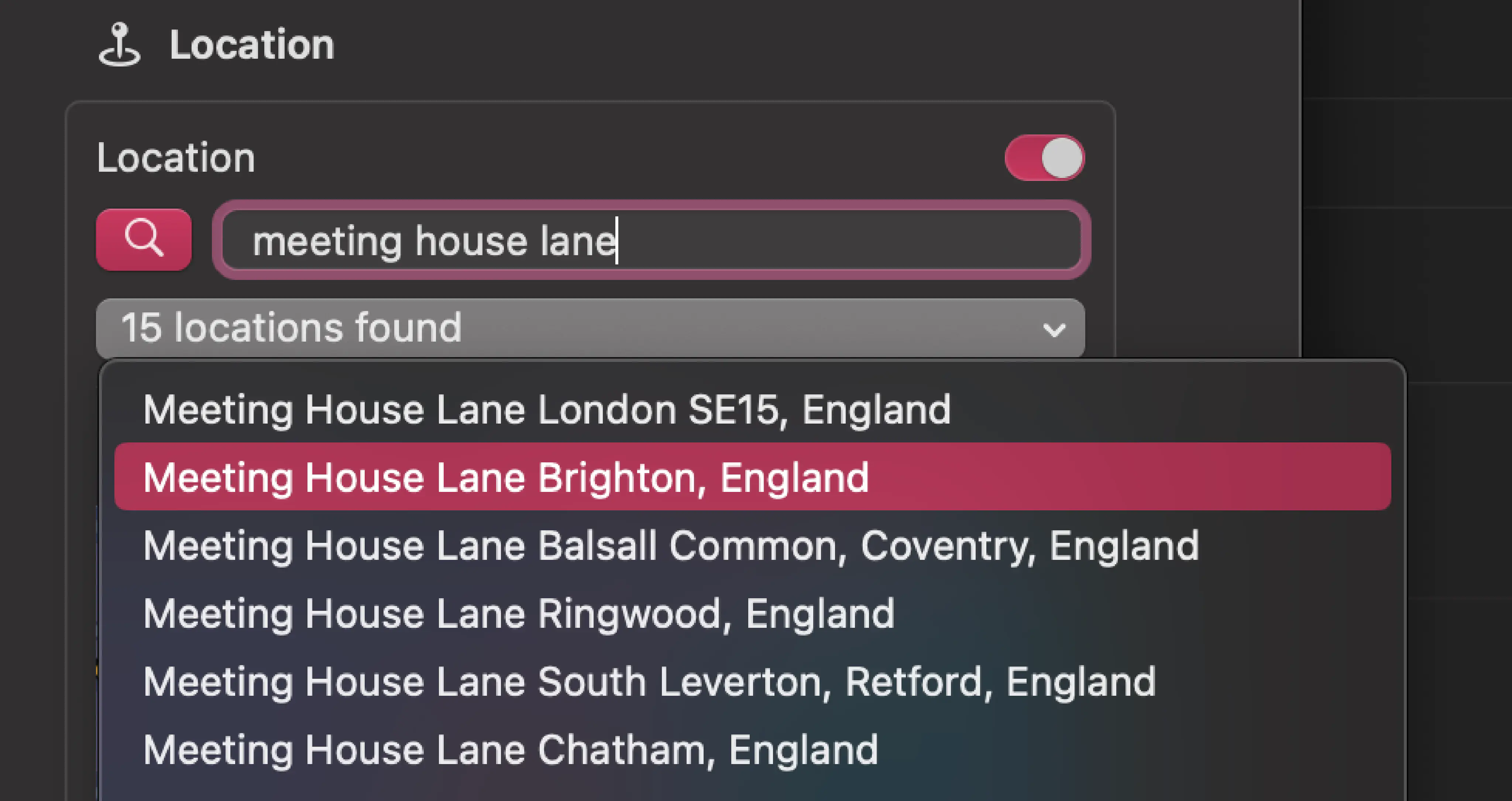 A text box with the words 'Meeting House Lane'. Underneath it, a dropdown menu with 15 suggestions, all variations on the place name from around the country.