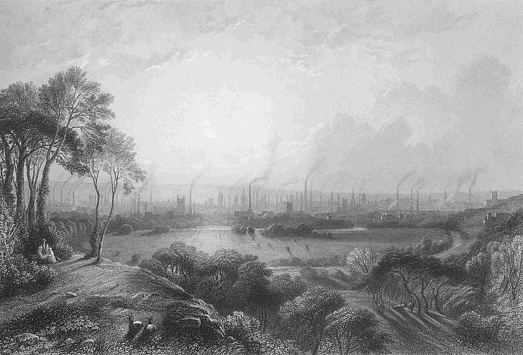 A Victorian black-and-white engraving showing Manchester cotton mills in the distance, smoke fuming from the chimneys.